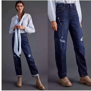 Pilcro Anthropologie THE BOW boyfriend jeans dark baggy wide leg denim pants